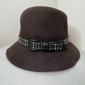 FILIPPO CATARZI Women NWT Brown Wool Hat w/Studded Leather Band Sz Med / Lrg NEW